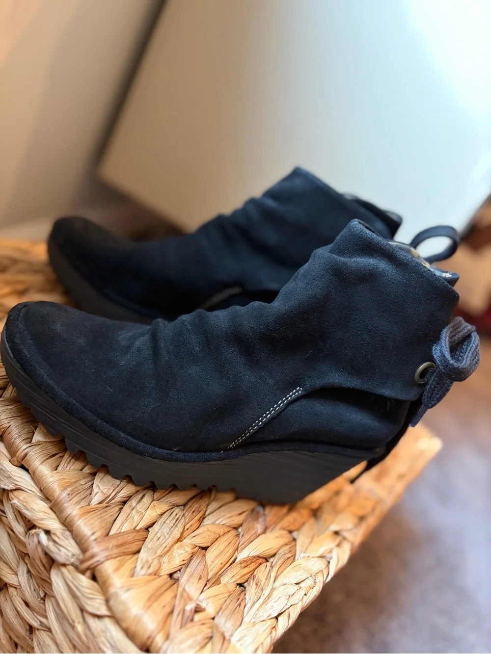 Fly London Yama Black Suede Lace Up the Back Bootie